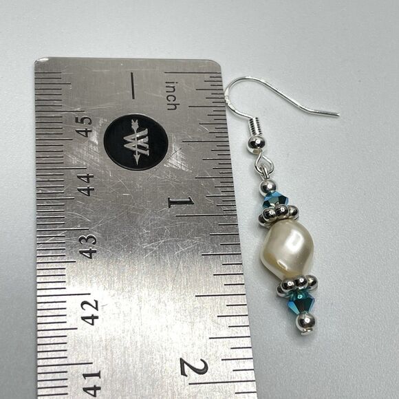 Artisan Made With Swarovski Crystal Pearl Teal Blue Beaded Dangle Earrings - Picture 5 of 6